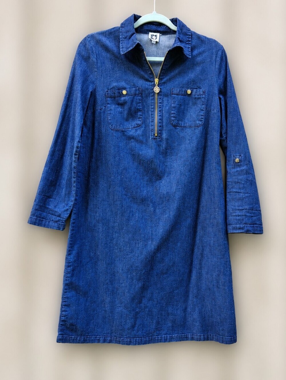 Anne Klein Blue Denim Shirt Dress Size 4 Zip Front Roll Tab Sleeves Preppy Chic